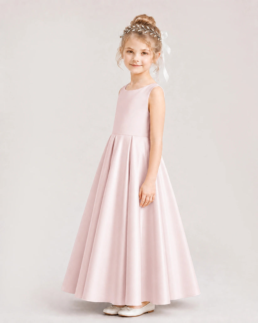 Blush Pink Satin A-line Flower Girl Dress Side View