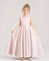 Blush Pink Satin A-line Flower Girl Dress Front View