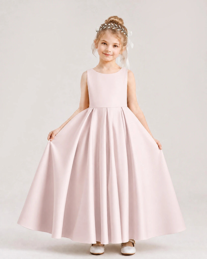 Blush Pink Satin A-line Flower Girl Dress Front View