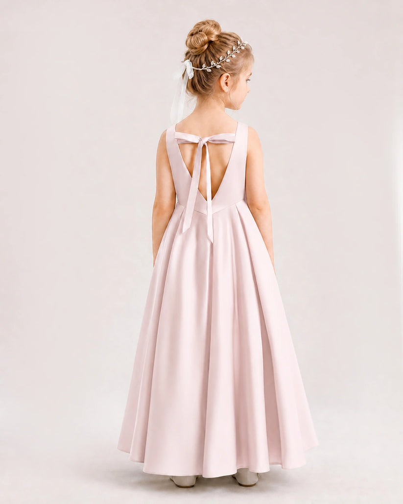 Blush Pink Satin A-line Flower Girl Dress Back View