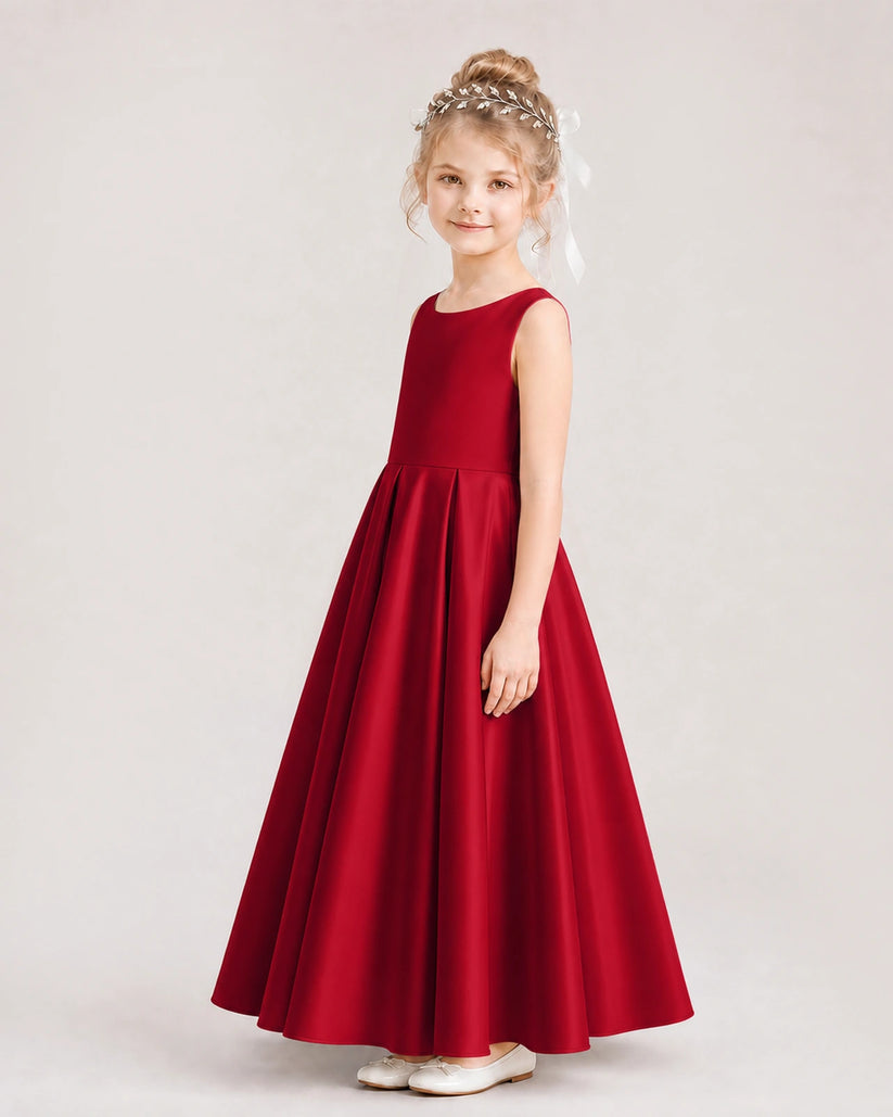 Burgundy Satin A-line Flower Girl Dress Side View