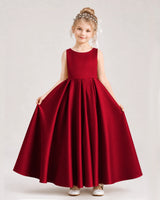 Burgundy Satin A-line Flower Girl Dress Front View