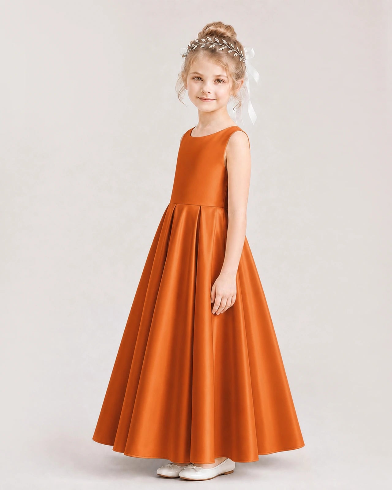 Burnt Orange Flower Girl Dress Deep V-Back Tie Detail Pleated Satin A-Line Floor-Length Gown Side Full View