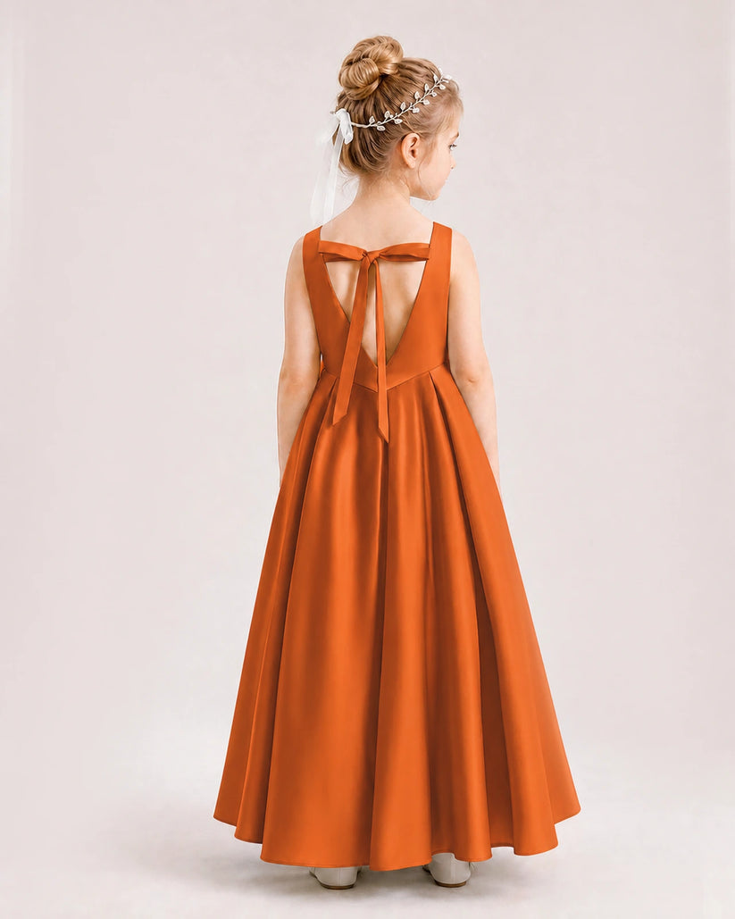 Burnt Orange Satin A-line Flower Girl Dress Back View