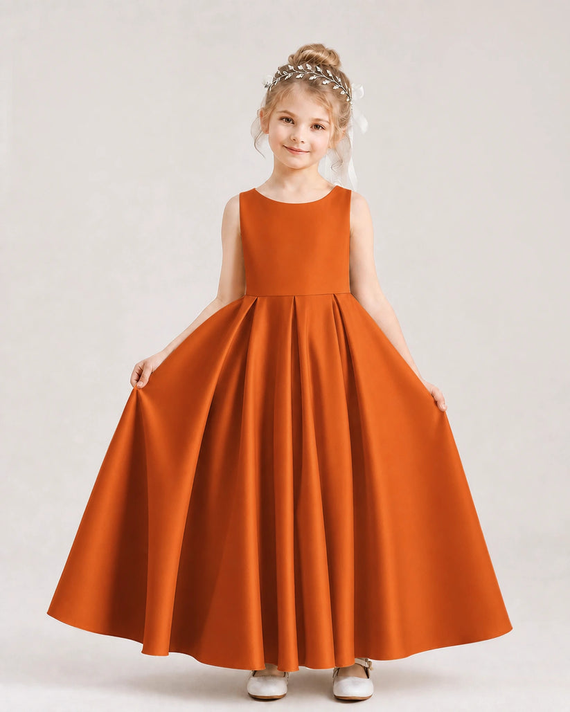 Burnt Orange Satin A-line Flower Girl Dress Front View