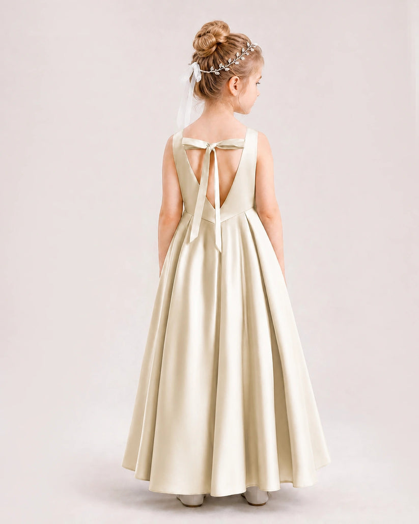 Champagne Satin A-line Flower Girl Dress Back View