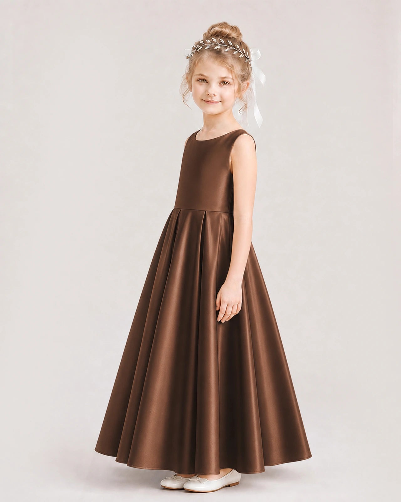 Chocolate Flower Girl Dress Deep V-Back Tie Detail Pleated Satin A-Line Floor-Length Gown Side Full View