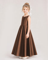 Chocolate Satin A-line Flower Girl Dress Side View