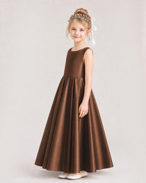 Chocolate Flower Girl Dress Deep V-Back Tie Detail Pleated Satin A-Line Floor-Length Gown Side Full View