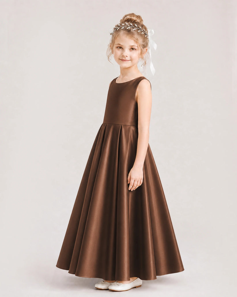Chocolate Satin A-line Flower Girl Dress Side View
