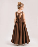 Chocolate Satin A-line Flower Girl Dress Back View
