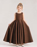 Chocolate Satin A-line Flower Girl Dress Front View
