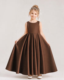 Chocolate Flower Girl Dress Deep V-Back Tie Detail Pleated Satin A-Line Floor-Length Gown Front Full View