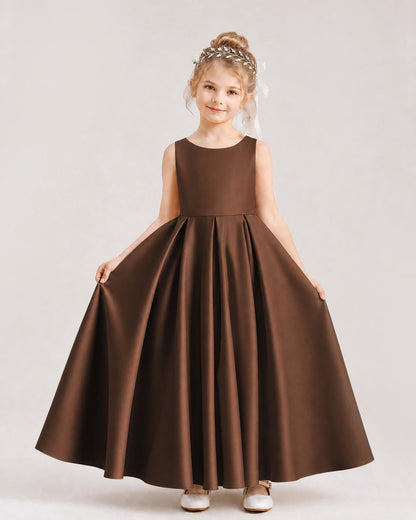 Chocolate Flower Girl Dress Deep V-Back Tie Detail Pleated Satin A-Line Floor-Length Gown Front Full View