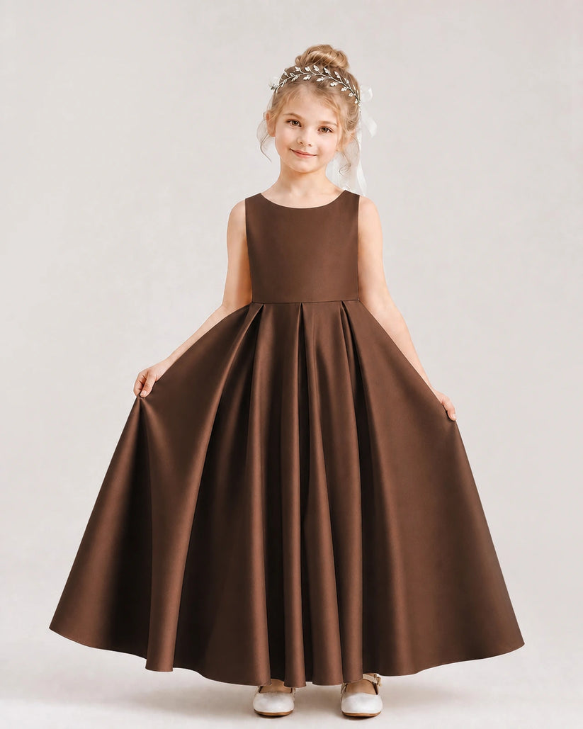 Chocolate Satin A-line Flower Girl Dress Front View