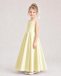 Daffodil Flower Girl Dress Deep V-Back Tie Detail Pleated Satin A-Line Floor-Length Gown Side Full View