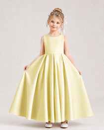 Daffodil Flower Girl Dress Deep V-Back Tie Detail Pleated Satin A-Line Floor-Length Gown Front Full View