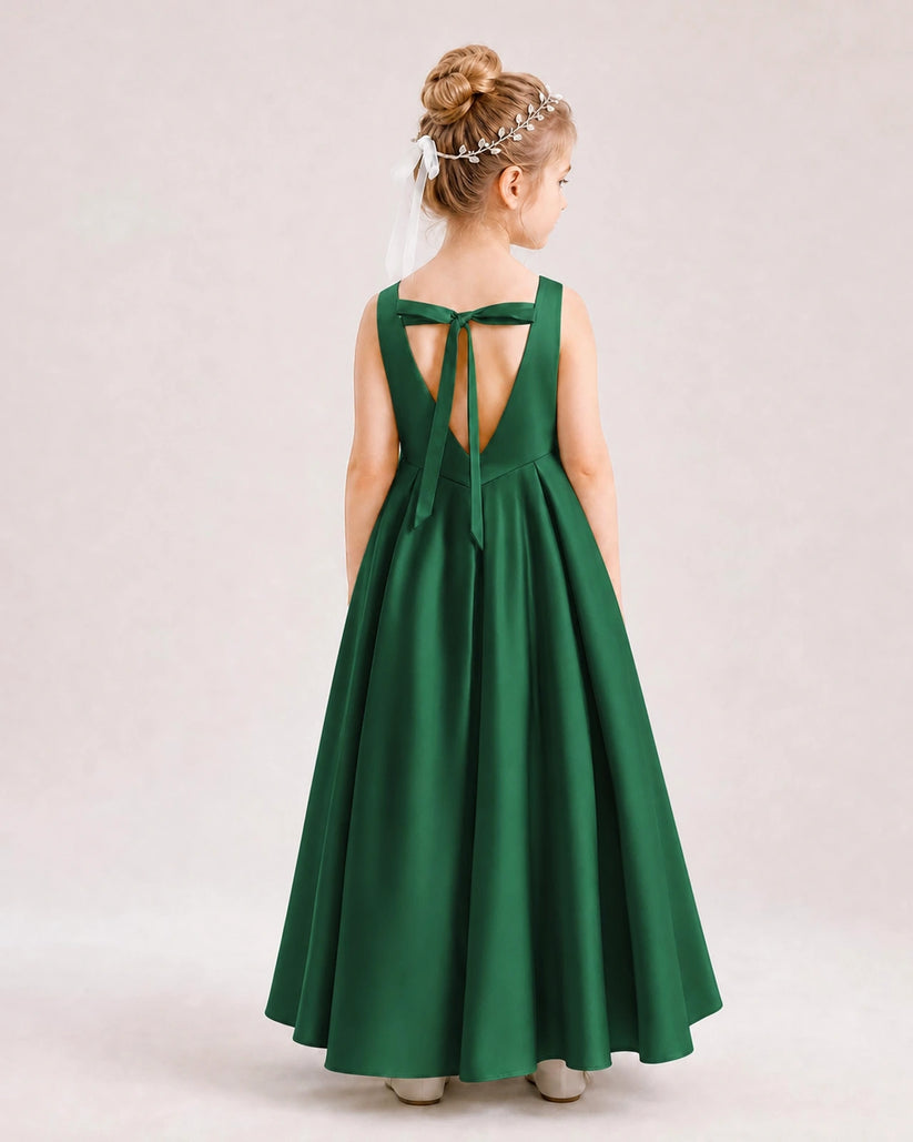 Dark Green Satin A-line Flower Girl Dress Back View