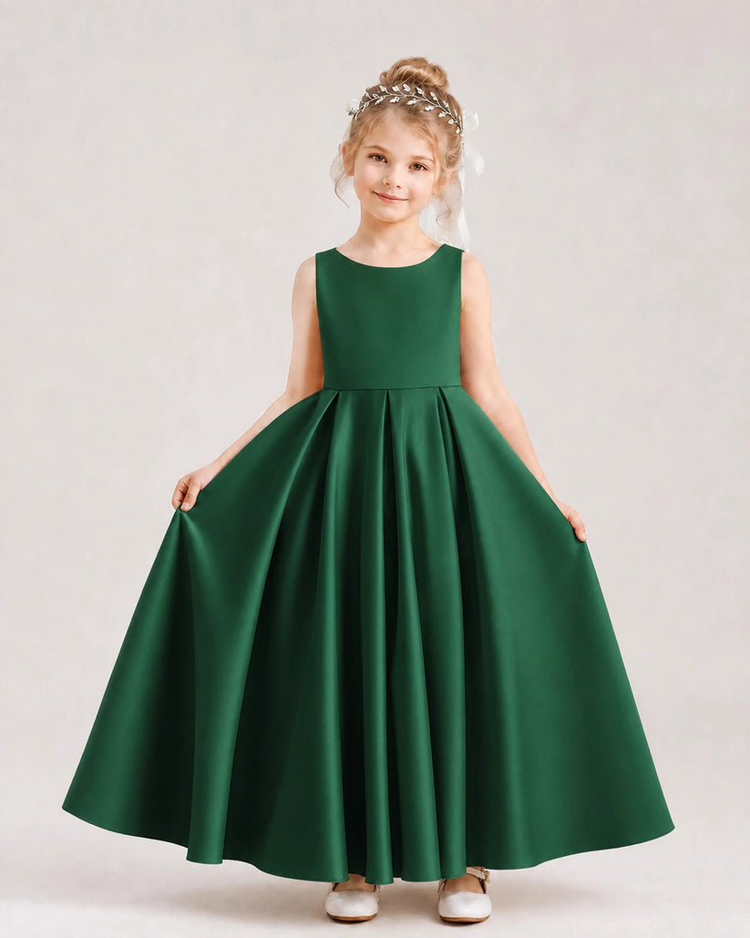 Dark Green Satin A-line Flower Girl Dress Front View
