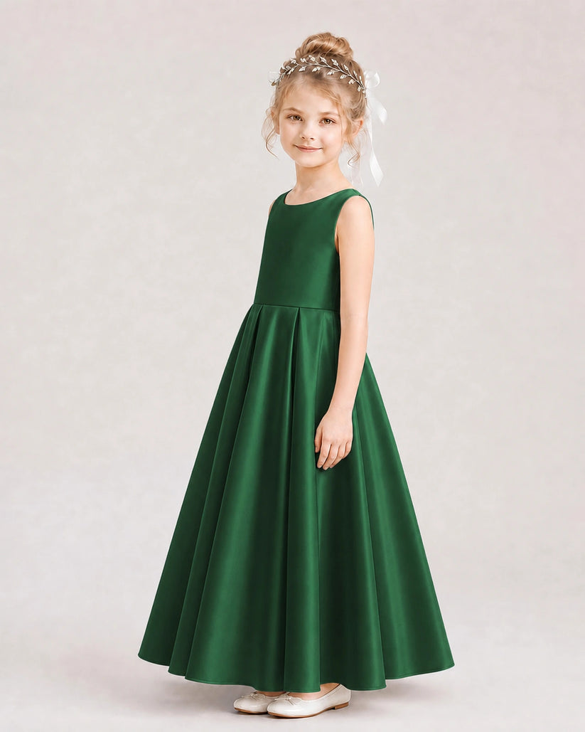 Dark Green Satin A-line Flower Girl Dress Side View
