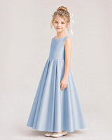 Dusty Blue Satin A-line Flower Girl Dress Side View