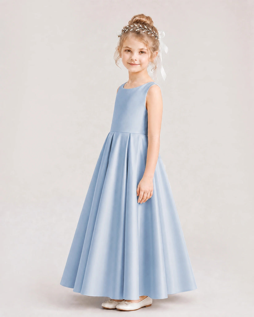 Dusty Blue Satin A-line Flower Girl Dress Side View