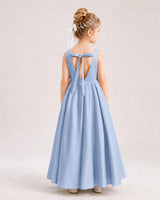 Dusty Blue Satin A-line Flower Girl Dress Back View