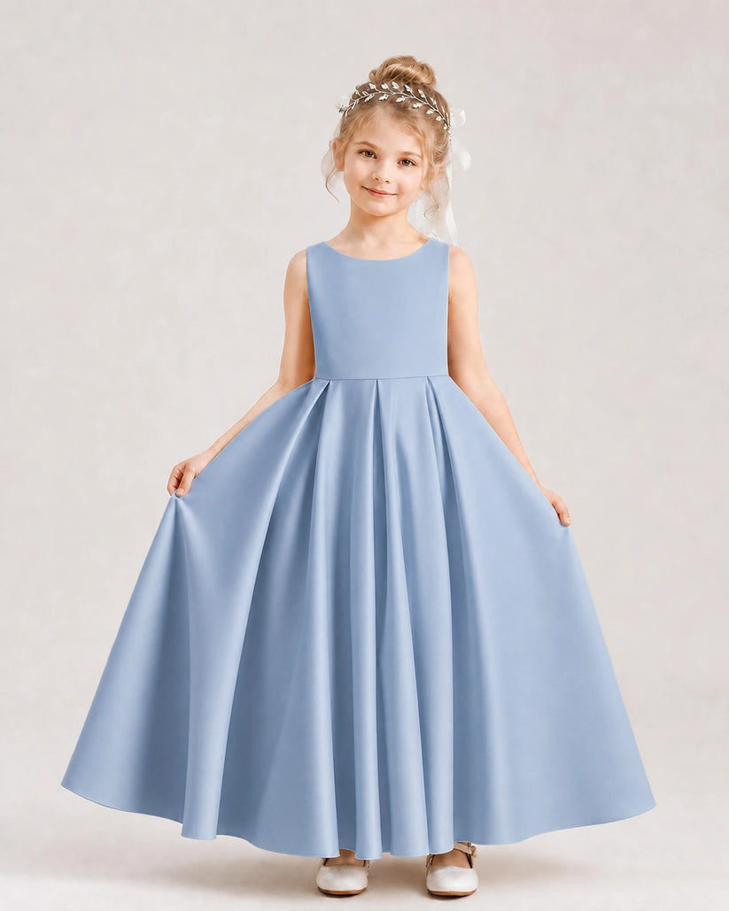 Dusty Blue Satin A-line Flower Girl Dress Front View