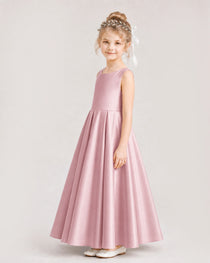 Dusty Rose Flower Girl Dress Deep V-Back Tie Detail Pleated Satin A-Line Floor-Length Gown Side Full View