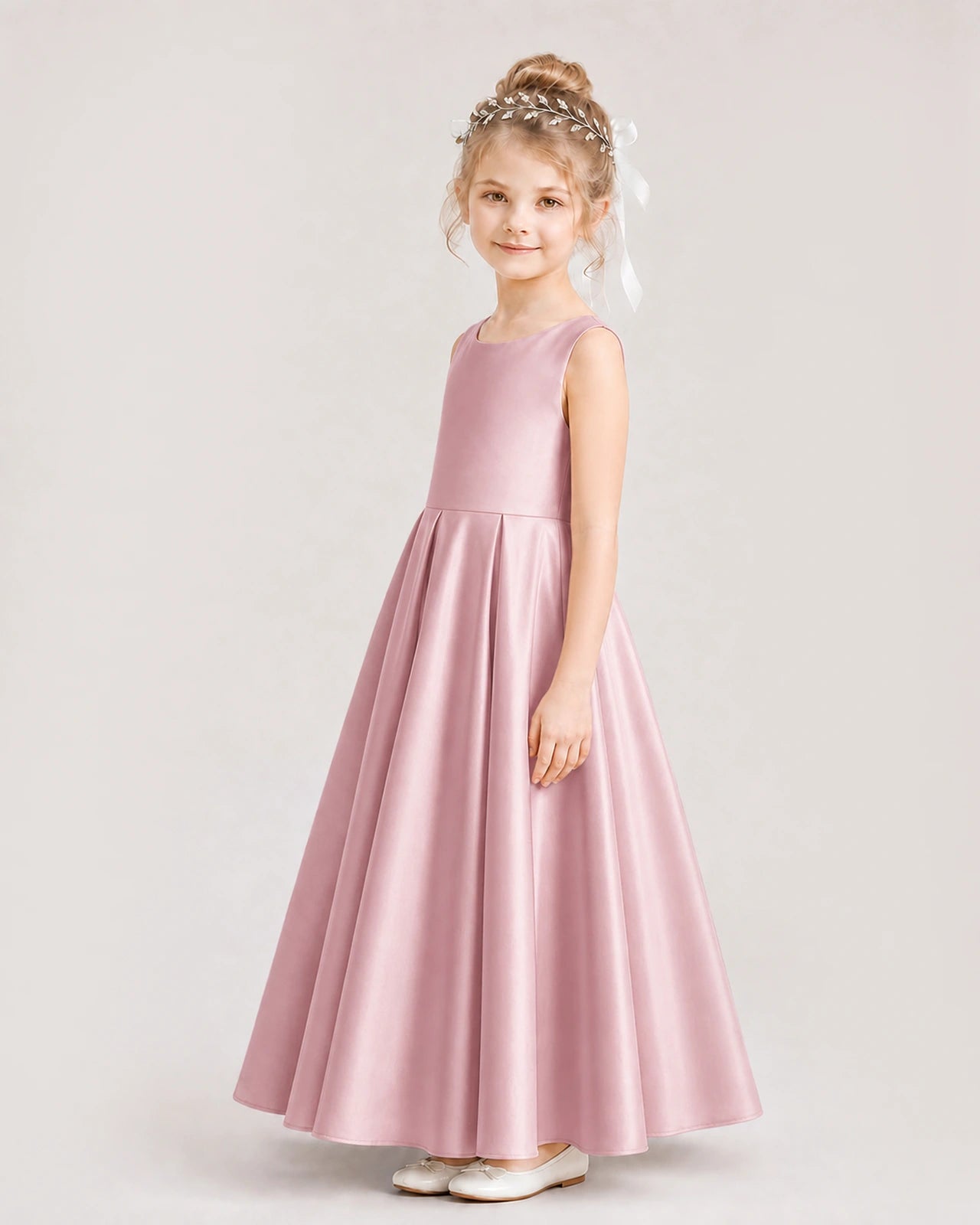 Dusty Rose Flower Girl Dress Deep V-Back Tie Detail Pleated Satin A-Line Floor-Length Gown Side Full View