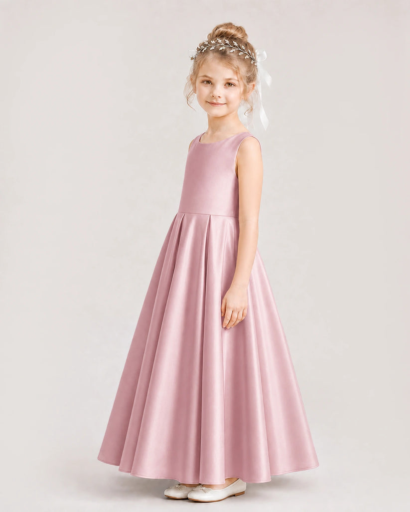Dusty Rose Satin A-line Flower Girl Dress Side View
