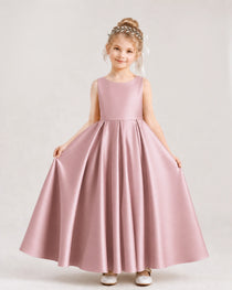 Dusty Rose Flower Girl Dress Deep V-Back Tie Detail Pleated Satin A-Line Floor-Length Gown Front Full View