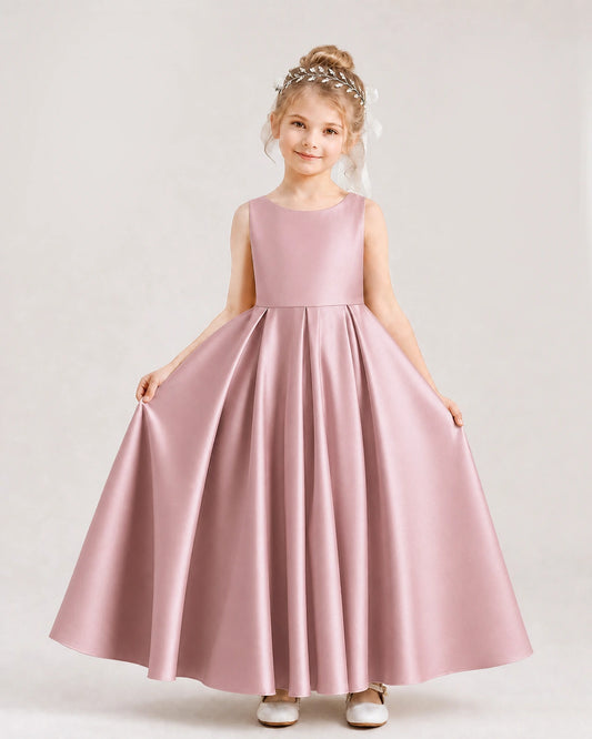 Dusty Rose Satin A-line Flower Girl Dress Front View