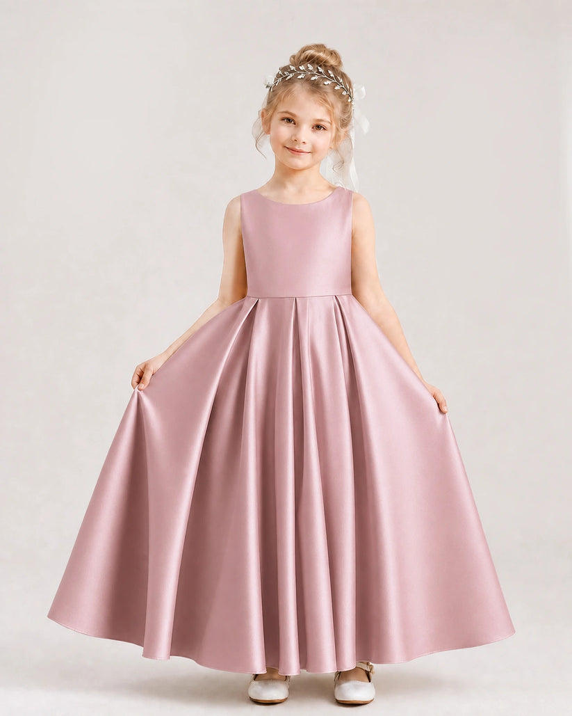 Dusty Rose Satin A-line Flower Girl Dress Front View