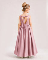 Dusty Rose Satin A-line Flower Girl Dress Back View