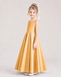 Gold Flower Girl Dress Deep V-Back Tie Detail Pleated Satin A-Line Floor-Length Gown Side Full View