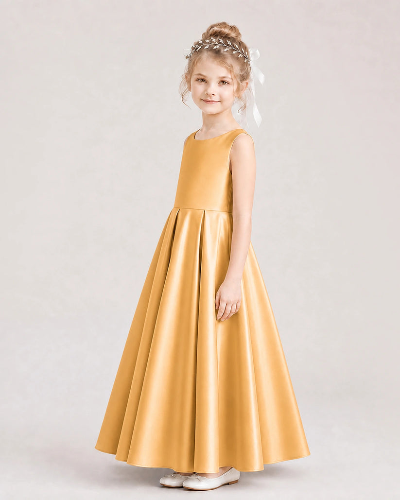 Gold Satin A-line Flower Girl Dress Side View