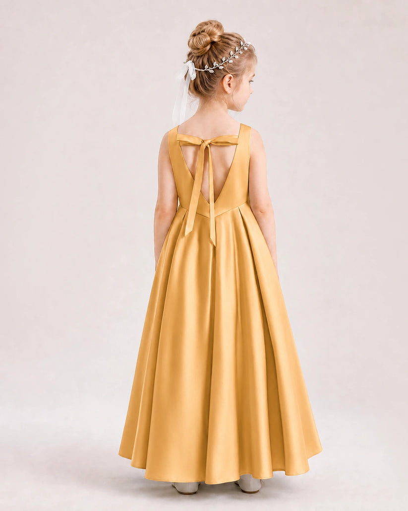 Gold Satin A-line Flower Girl Dress Back View