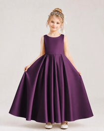 Grape Flower Girl Dress Deep V-Back Tie Detail Pleated Satin A-Line Floor-Length Gown Front Full View