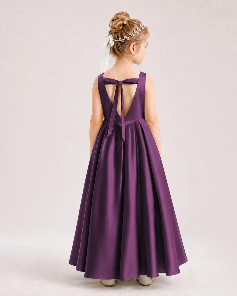 Grape Satin A-line Flower Girl Dress Back View