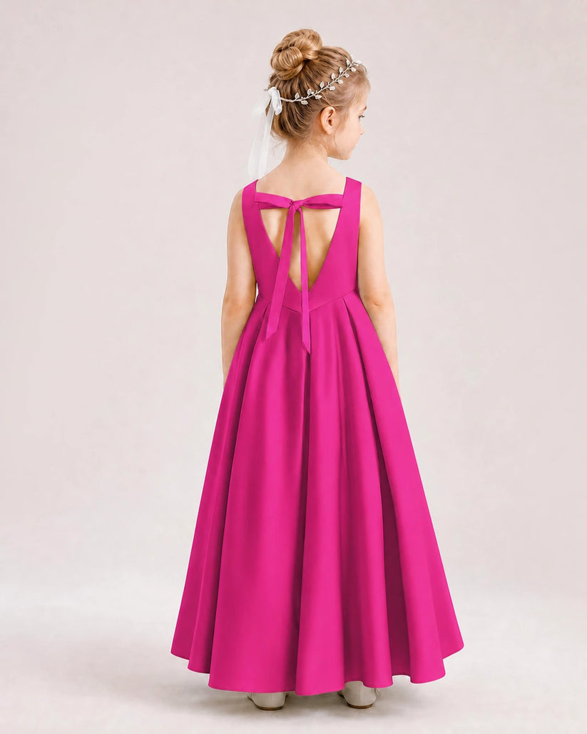 Hot Pink Satin A-line Flower Girl Dress Back View