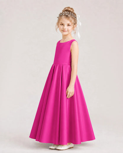 Hot Pink Flower Girl Dress Deep V-Back Tie Detail Pleated Satin A-Line Floor-Length Gown Side Full View