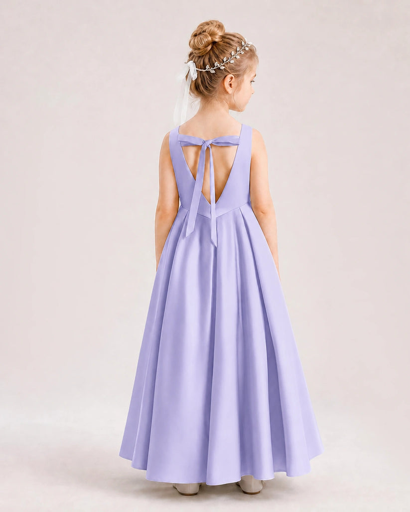 Lavender Satin A-line Flower Girl Dress Back View