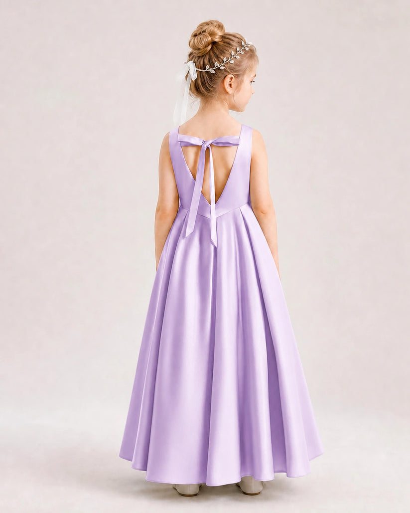 Lilac Satin A-line Flower Girl Dress Back View