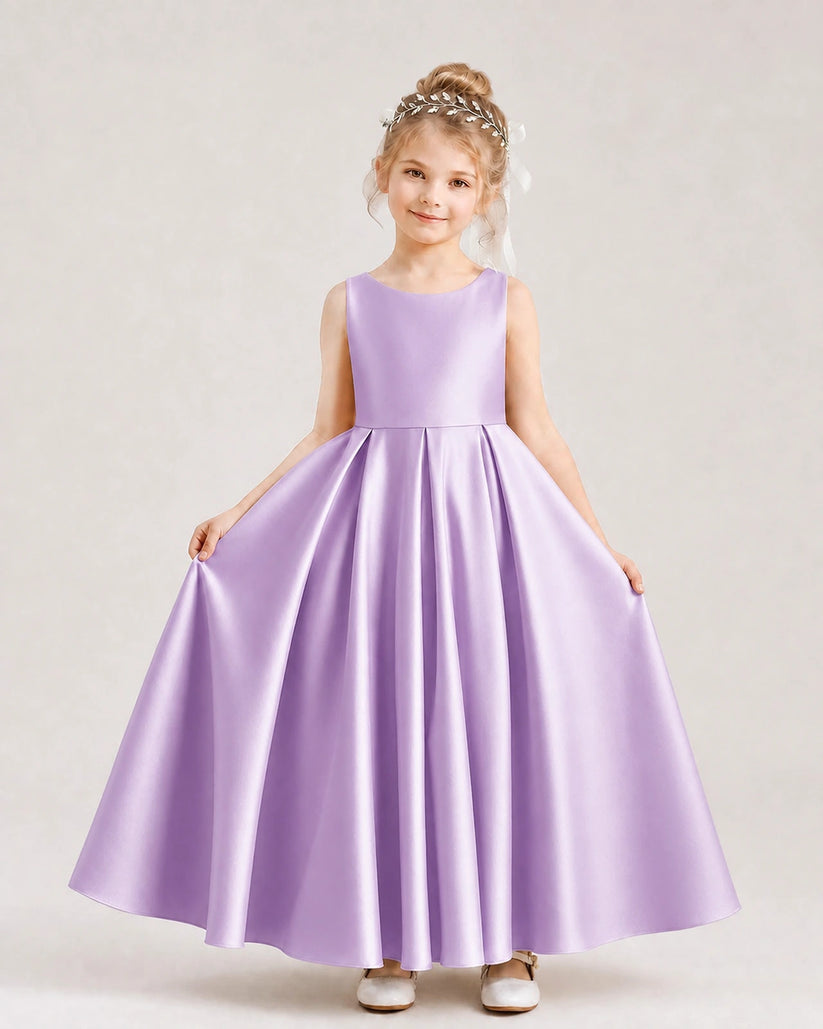 Lilac Satin A-line Flower Girl Dress Front View