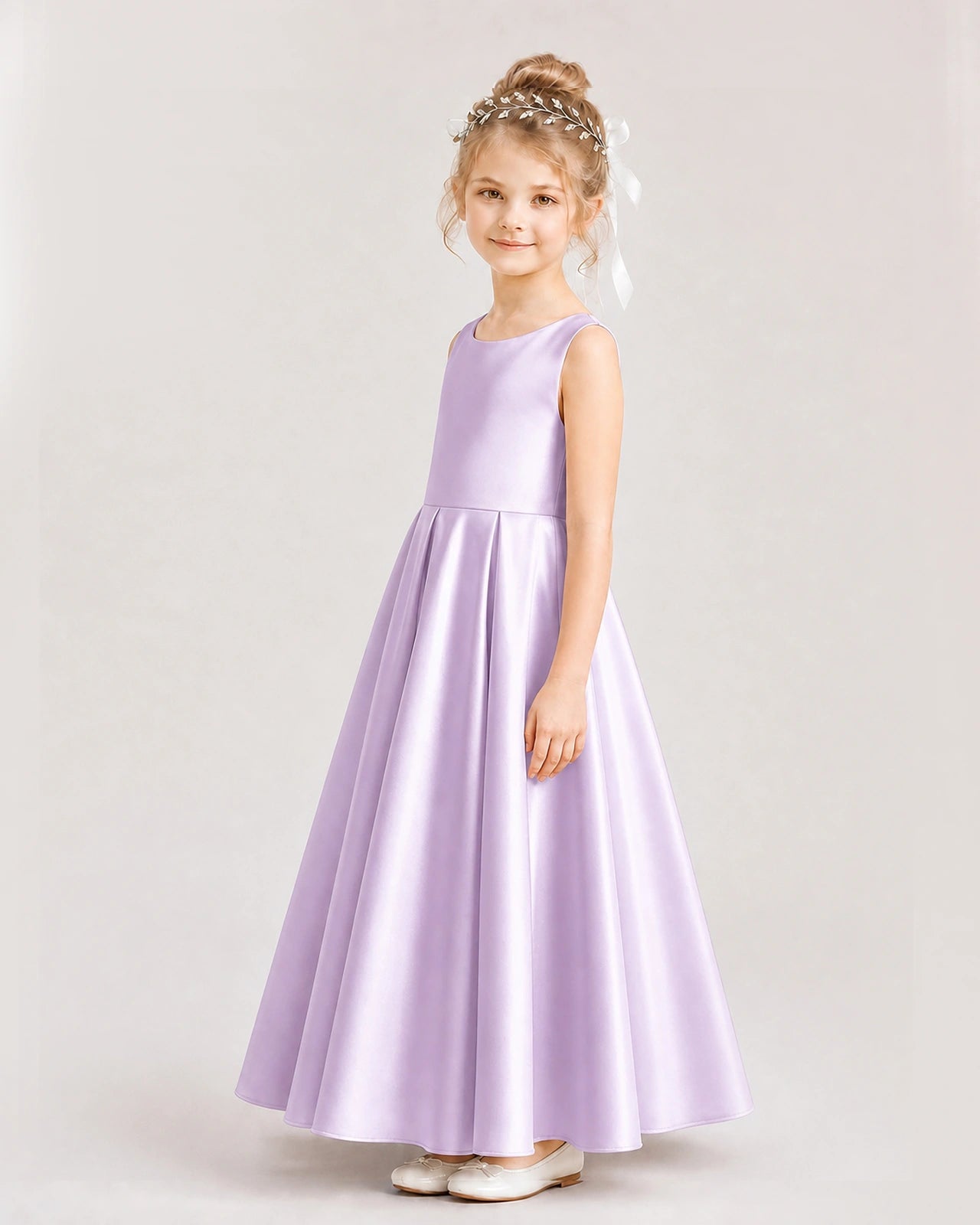 Lilac Flower Girl Dress Deep V-Back Tie Detail Pleated Satin A-Line Floor-Length Gown Side Full View