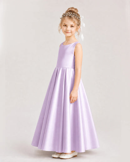 Lilac Flower Girl Dress Deep V-Back Tie Detail Pleated Satin A-Line Floor-Length Gown Side Full View