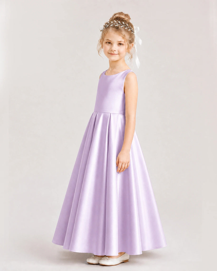 Lilac Satin A-line Flower Girl Dress Side View