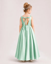 Mint Green Flower Girl Dress Deep V-Back Tie Detail Pleated Satin A-Line Floor-Length Gown Back Full View