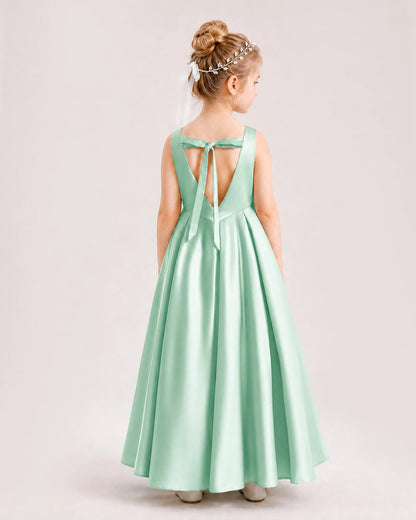 Mint Green Flower Girl Dress Deep V-Back Tie Detail Pleated Satin A-Line Floor-Length Gown Back Full View